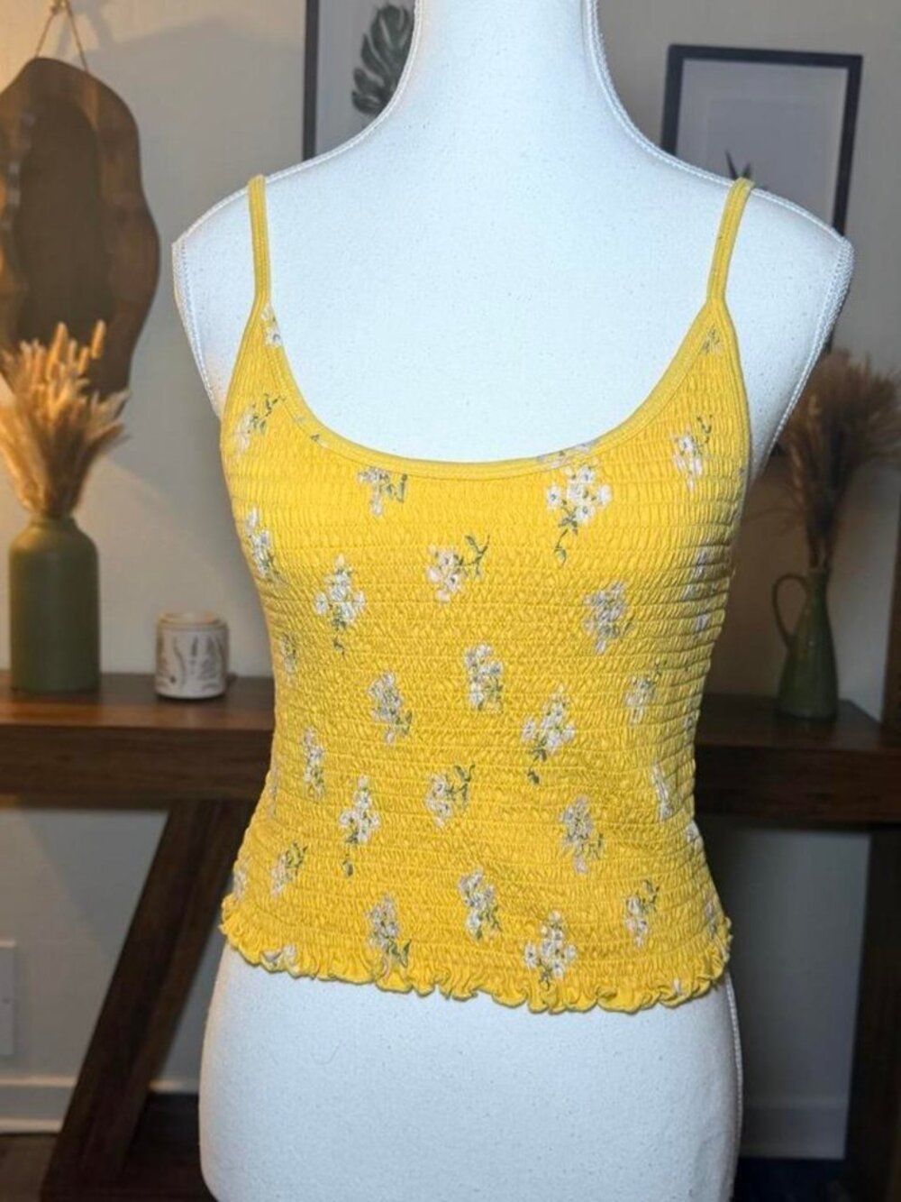 Hollister Yellow Smocked Floral Crop Tank Medium